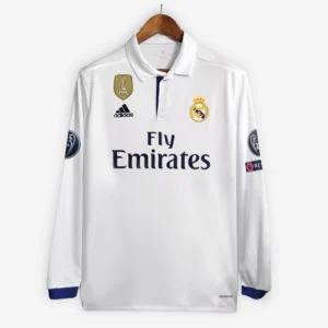 Camisa Real Madrid Home - 2016/2017 – Retrô - Manga Longa (Pronta Entrega) - Tamanho GG - RONALDO 7 + Patches