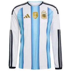 Camisa I da Argentina (Home) Copa do Mundo 2026 (Todos os Patchs da Copa + Messi 10) Manga Longa – Versão Jogador - Manga Longa (Pronta Entrega) - Tamanho G